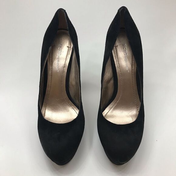 BCBGENERATION Vintage Y2K Platform black suede heels with metallic sole. - Picture 1 of 6
